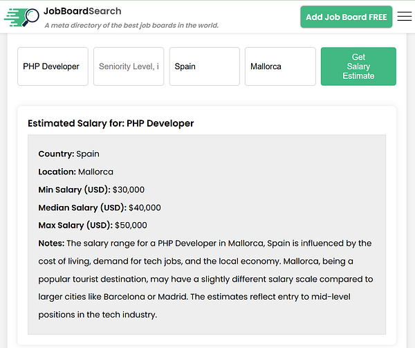 The image displays a salary estimation tool for PHP Developers in Mallorca, Spain.