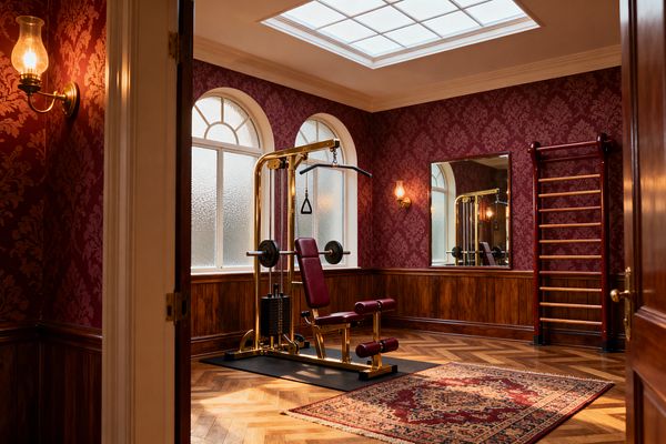 View through a doorway into a Victorian-style home gym with deep burgundy damask wallpaper above walnut-stained wainscoting and an oak herringbone floor. A polished brass multi-gym with burgundy leather pads sits on a black mat near a wall mirror and burgundy stall bars; arched frosted-glass windows, a large grid skylight, brass sconces with glass shades, and a Persian-style rug complete the richly lit space.