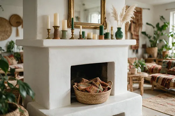 A white plaster fireplace sits at the center of a bohemian living room, topped with brass candlesticks, mixed candles, a gold-framed mirror, and a green vase with pampas grass. A woven basket filled with plaid textiles rests in the firebox, while patterned sofas, rattan accents, and soft neutral decor fill the background.