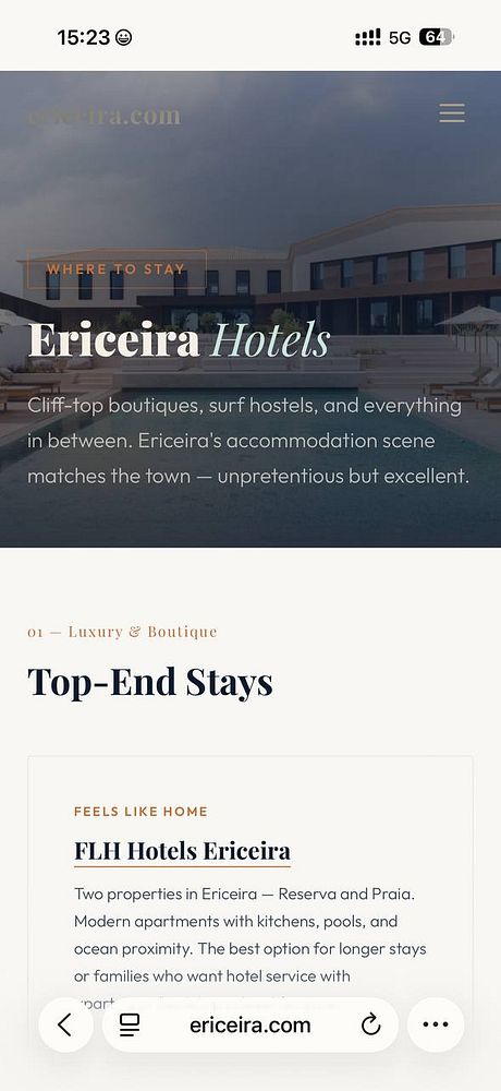 Screenshot of a webpage showing a hotel search result interface for Ericeira, Portugal with options to select dates, number of guests, and a list of hotel cards with images and pricing.