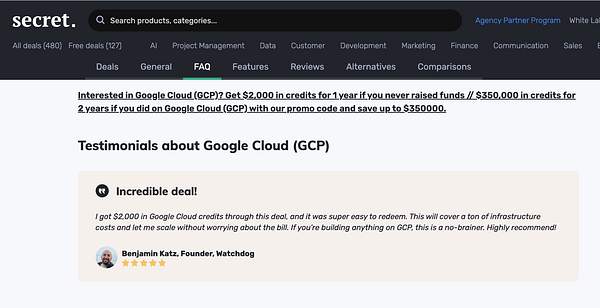 The image displays a testimonial section from the website 'secret.' featuring a review about Google Cloud credits.