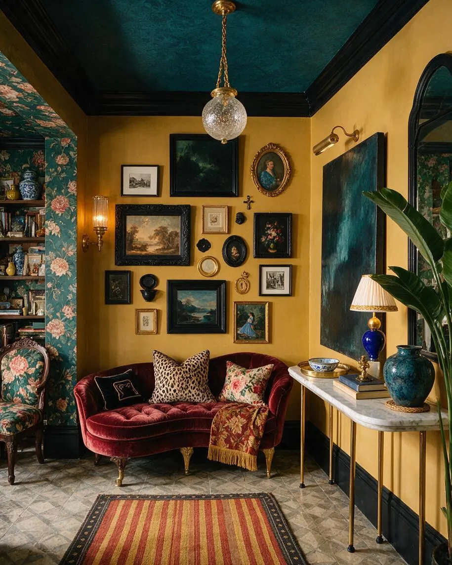 A dramatic maximalist entryway with mustard yellow walls, a deep teal ceiling, and black trim. The space features a burgundy velvet settee, a dense gallery wall of framed art, a marble console table with brass legs, floral wallpaper accents, and richly patterned textiles.