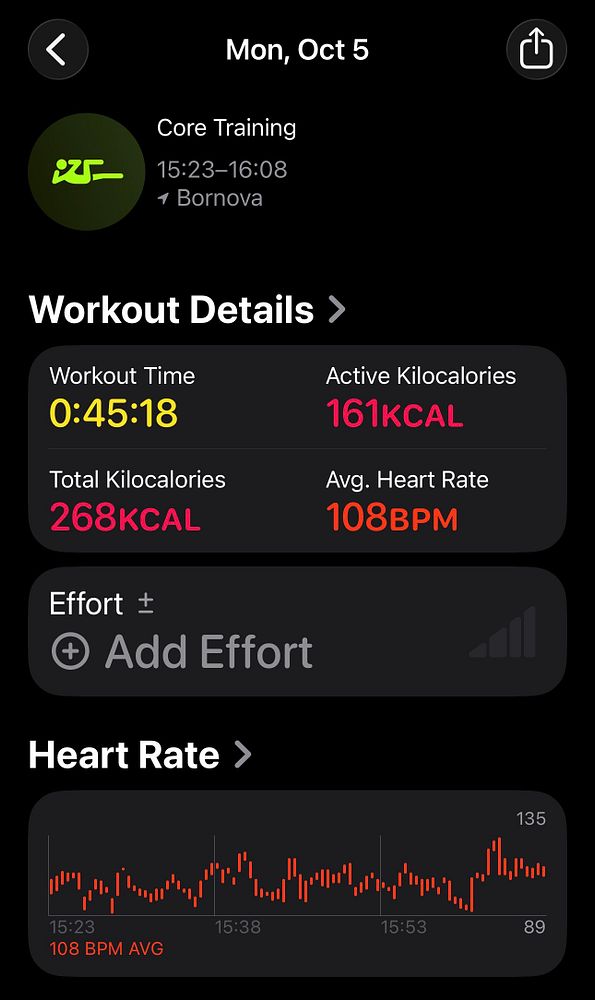 Core training workout summary from an exercise tracking app showing detailed metrics and heart rate graph.