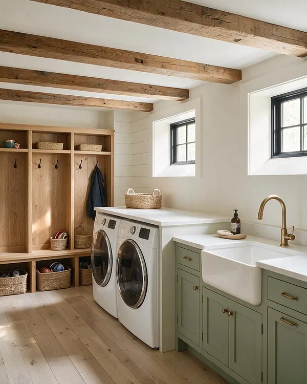 A bright farmhouse-style basement laundry room with exposed wood ceiling beams, white walls, and light wood floors. The space includes a pair of front-load washer and dryer units, a pale green sink cabinet with a white apron-front sink, brass faucet, and built-in wooden cubbies with woven baskets and hooks for storage.