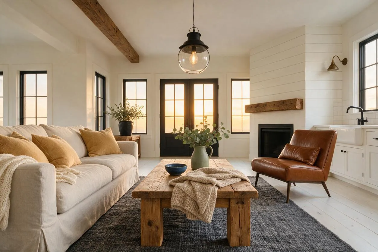 A sunroom styled in modern farmhouse fashion features a neutral linen sofa, a worn wooden coffee table, and a caramel leather accent chair on a dark textured rug. Black-framed windows and French doors glow with warm sunlight, while white shiplap walls, exposed ceiling beams, and a simple fireplace create a cozy, airy feel.