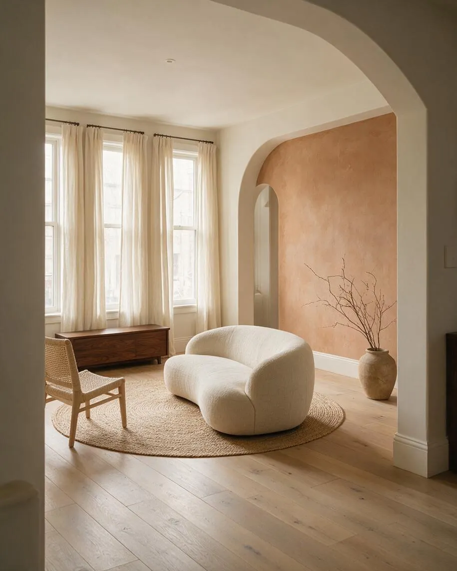 A sunroom with light oak floors, tall windows dressed in sheer cream curtains, and soft arched openings framing the space. The room features a sculptural cream boucle lounge chair, a woven round rug, a cane accent chair, a low wood bench, a textured terracotta accent wall, and a large vase with bare branches.