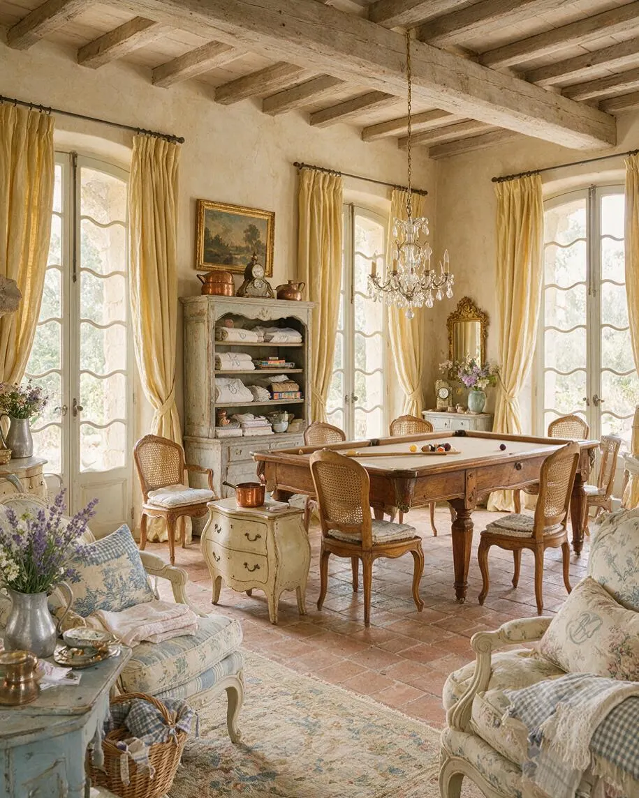 A French Country style game room with a wooden billiards table centered under a crystal chandelier, surrounded by cane-back chairs and tall arched windows with flowing cream curtains. Distressed painted furniture, a carved mirror, terracotta floor tiles, and exposed ceiling beams create a warm, elegant, rustic atmosphere.