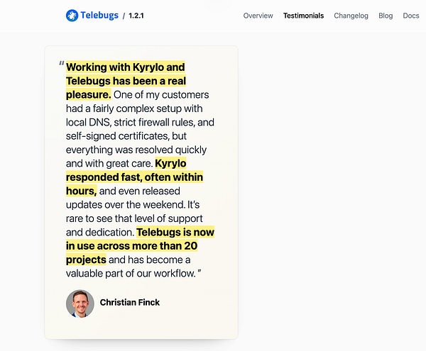 A testimonial highlighting the positive experience of using Telebugs and the support provided by Kyrylo.