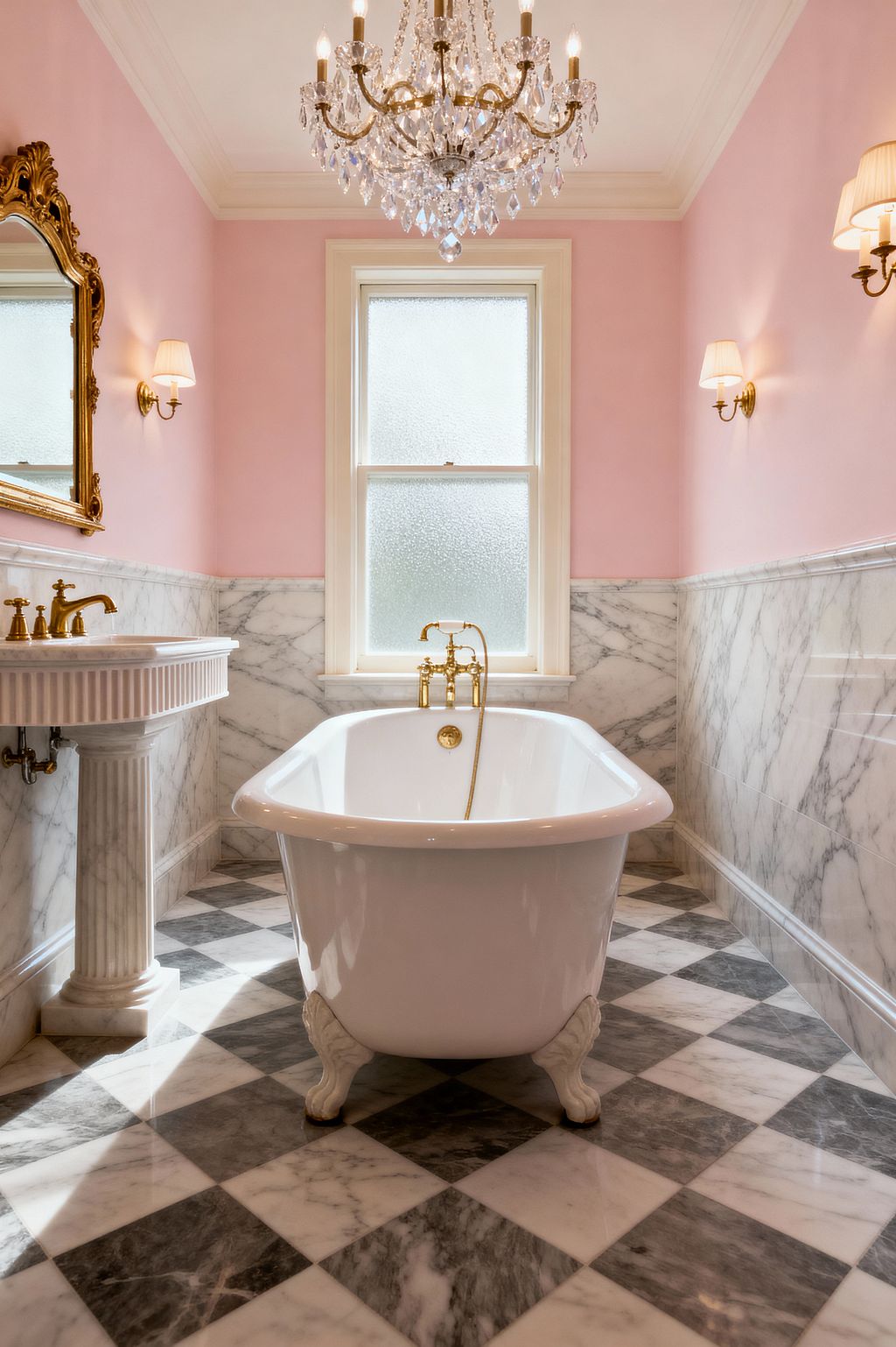 A vintage-glam bathroom centers on a white clawfoot tub beneath a brass-and-crystal chandelier, set on a gray-and-white marble checkerboard floor. Marble wainscoting wraps the room below blush pink walls with ivory trim; a fluted pedestal sink with brass taps sits to the left under an ornate gilt mirror, while pleated-shade sconces and a frosted window provide a soft, flattering glow.