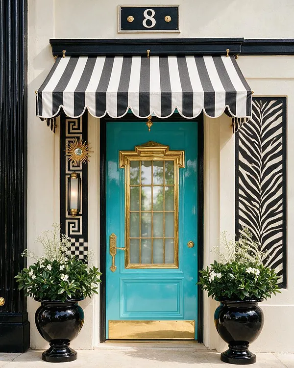 A glamorous exterior entryway with a turquoise front door framed in gold trim, topped by a black-and-white striped awning. The cream facade is accented with bold black and white geometric and zebra-pattern panels, black urn planters with lush greenery, and brass lighting and hardware.