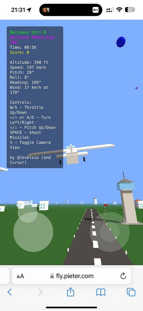 A mobile game interface displaying flight controls and game statistics.