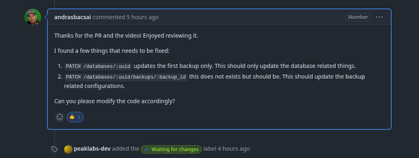 A comment from a user named Andras regarding code modifications needed for a pull request.