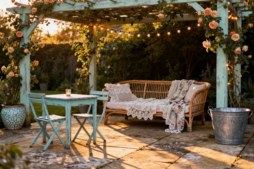 A shabby chic garden patio at golden hour features a distressed duck‑egg blue wooden pergola wrapped with climbing roses and globe string lights. Beneath, a rattan sofa with a white cushion is layered with crochet‑lace pillows and a floral throw, facing a matching painted bistro table and folding chairs on weathered sandstone pavers; a crackle‑glaze ceramic planter, galvanized bucket, and a small candle in a glass votive complete the romantic, timeworn setting.