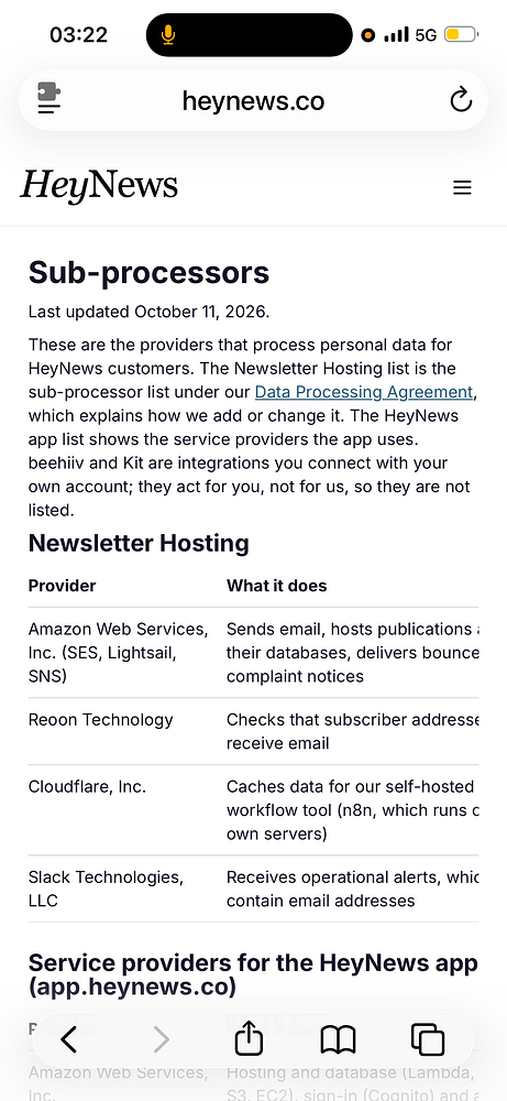 Mobile webpage from heynews.co displaying the Sub-processors page with details on data processing providers for HeyNews customers.