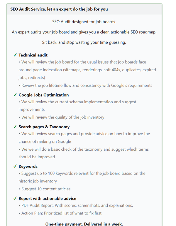 The image displays a detailed overview of an SEO Audit Service tailored for job boards.