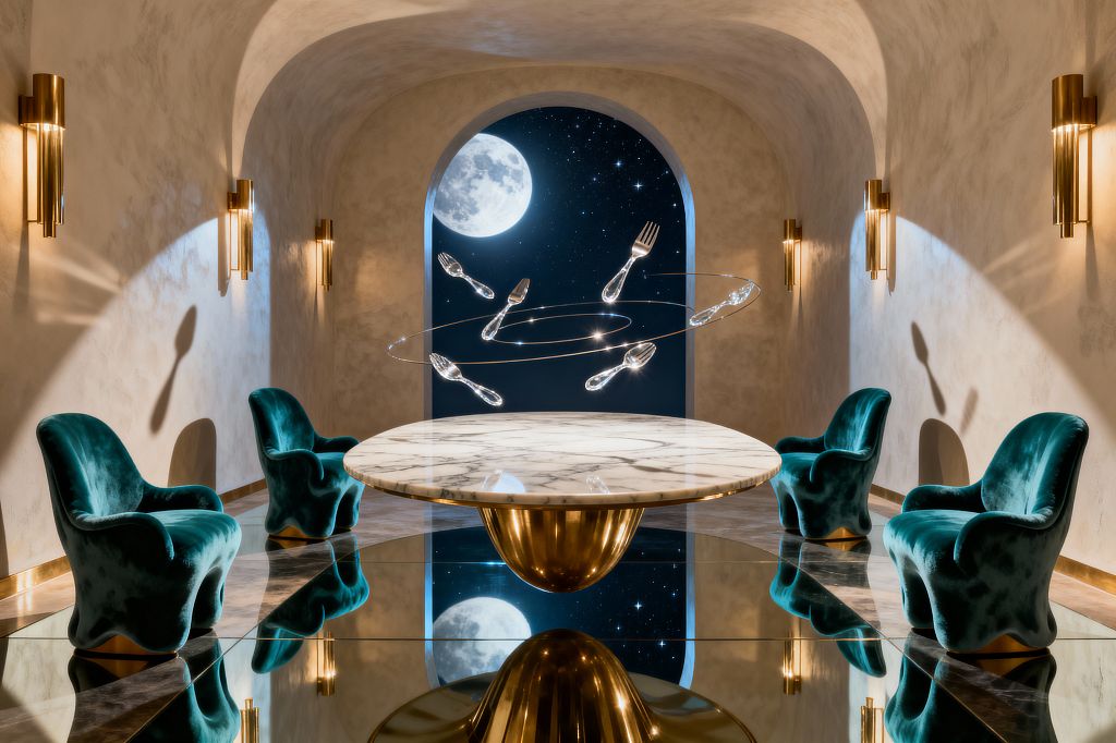 A symmetrical Surrealist dining room features a round white marble table on a polished brass pedestal over a mirrored floor, surrounded by four deep teal velvet chairs. An arched opening reveals a starry night and large moon, brass sconces warm beige plaster walls, and a shimmering ring with translucent floating cutlery hovers above the table, creating layered reflections and a theatrical, dreamlike atmosphere.