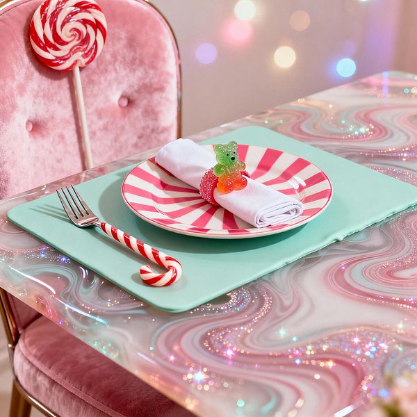 Close-up of a whimsical Candy Land table setting with a glossy resin tabletop marbled in pink, white, and mint with sparkling glitter. A mint placemat holds a peppermint-striped ceramic plate and a rolled white napkin secured by a pink beaded ring topped with a gummy bear. A stainless fork and red-and-white candy cane sit beside it. Behind, a blush tufted velvet chair with gold trim is accented by a large lollipop and soft pastel bokeh lights.