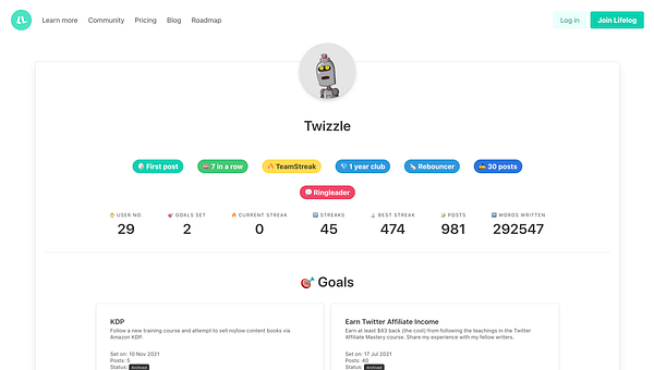 The image displays a user profile on the Lifelog platform, showcasing various statistics and goals for the user 'Twizzle'.