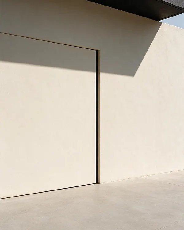 A minimalist exterior featuring smooth cream stucco walls, a large flush door or panel outlined by thin dark shadow gaps, and a pale concrete floor. Strong sunlight casts sharp geometric shadows from a dark roof overhang above, creating a calm, understated architectural composition.