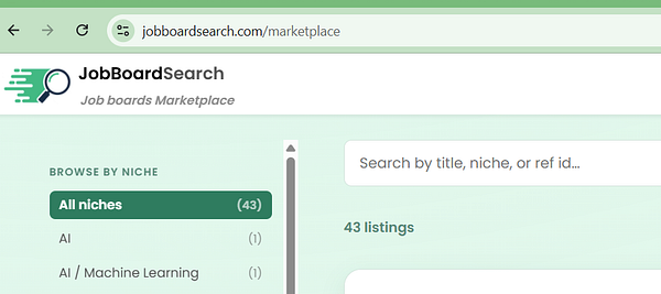 Screenshot of a job board listing webpage for niche job boards for sale.