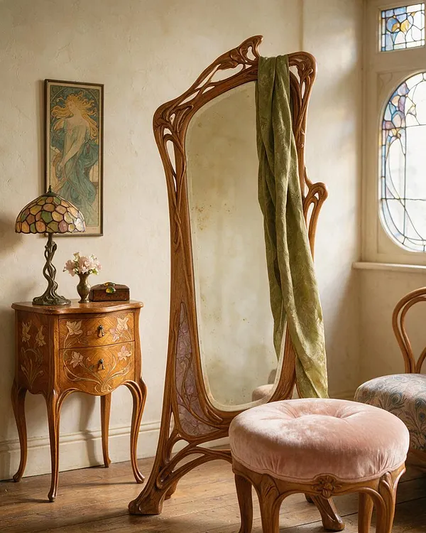 An Art Nouveau-inspired dressing nook with a carved wooden mirror frame, a pink velvet stool, and a floral inlaid side table. A stained-glass window casts soft light across warm wood floors and cream walls, with a green drape hanging over the mirror.