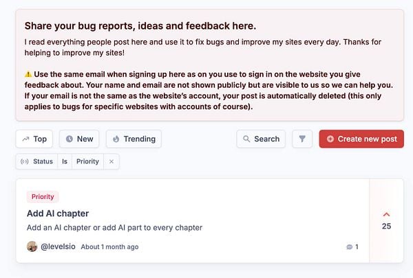 The image displays a user interface for submitting bug reports and feedback, featuring a specific task related to adding an AI chapter.