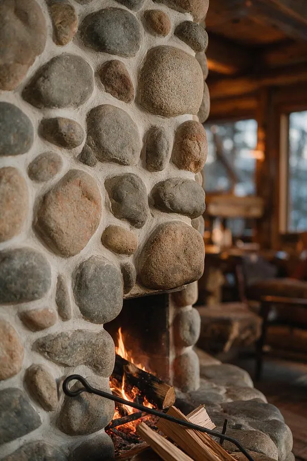 A rustic interior detail shows a large fireplace built from rounded river stones set in light mortar, with a small fire burning inside. Split logs rest at the hearth, and the softly blurred background reveals warm wood beams and a cozy cabin-like room.