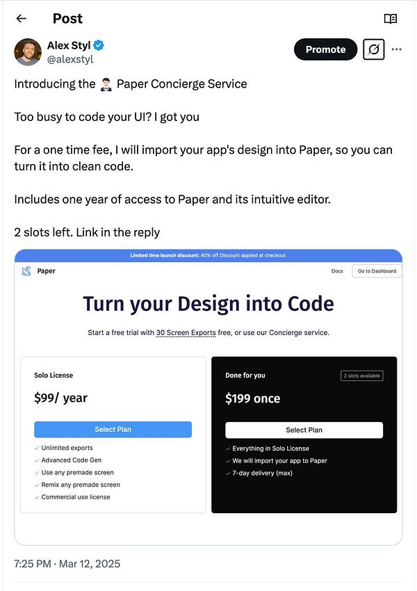 A promotional post for the Paper Concierge Service offering design-to-code conversion.