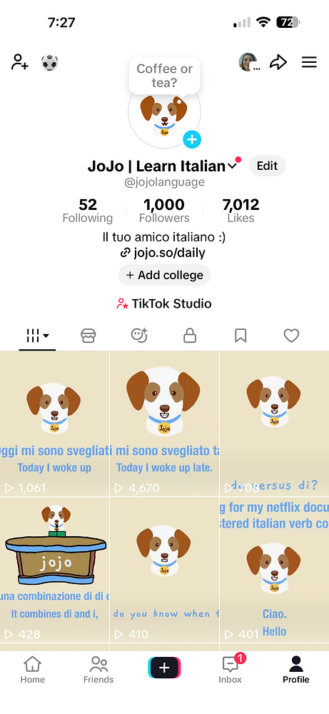 A TikTok profile page of user 'jojo' displaying follower count, bio, and content features.