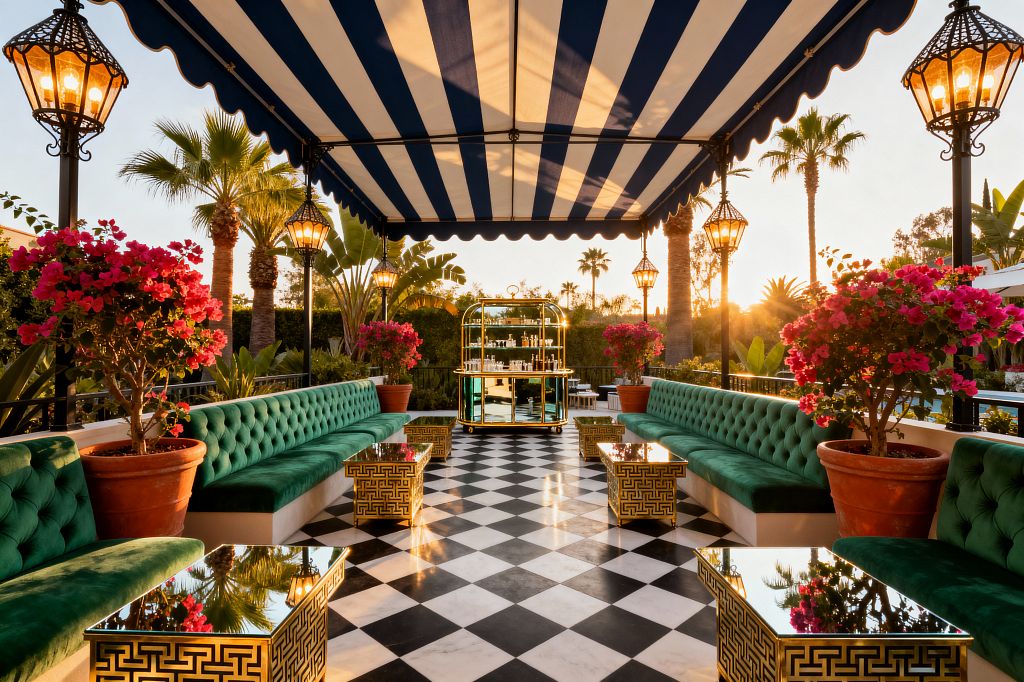 A glamorous patio with long emerald-green tufted banquettes facing each other across a black-and-white checkerboard marble floor beneath a navy-and-white striped awning. Mirrored coffee tables with brass Greek-key bases, ornate hanging lanterns, a central brass bar cart, and terracotta pots of bright fuchsia bougainvillea sit amid palm trees at sunset, creating a symmetrical, luxurious outdoor setting.