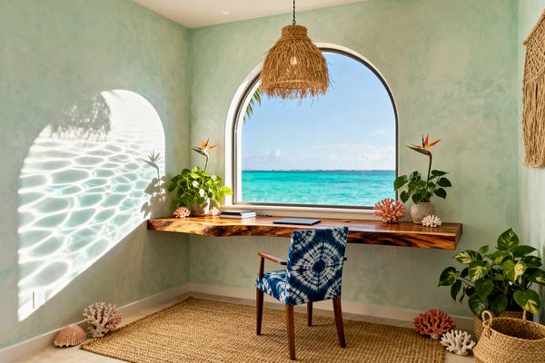 A bright tropical home office features mint green limewashed walls and an arched window overlooking turquoise ocean water. A floating live-edge wood desk sits beneath a woven rattan pendant, paired with a blue tie-dye upholstered wood chair, jute rug, potted plants with bird-of-paradise blooms, coral decor pieces, and a woven basket; sunlight casts rippled reflections across the wall, creating a breezy coastal workspace.
