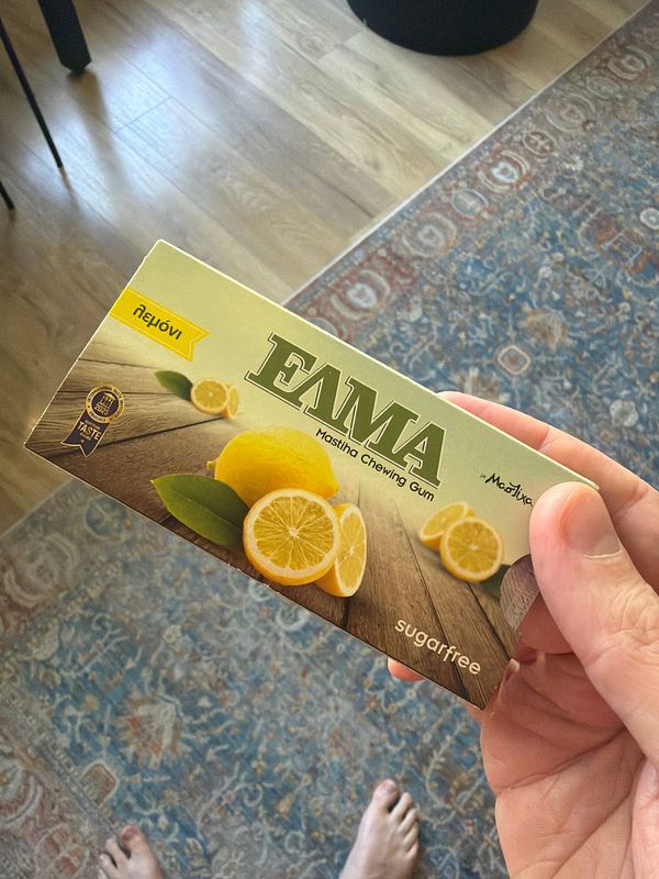 A package of Mastic gum featuring Greek script, an image of a tree, and a red circular logo.