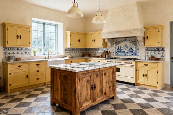A French Country kitchen features buttery yellow cabinets with black latches around a rustic oak island topped in veined white marble. Blue-and-white Delft tiles wrap the backsplash with a scenic mural behind a cream range and a stone-look plaster hood; a white farmhouse sink with a brass bridge faucet sits beneath a blue-gray casement window, while gray-and-cream checkerboard stone floors and creamy plaster walls create a bright, timeworn feel.