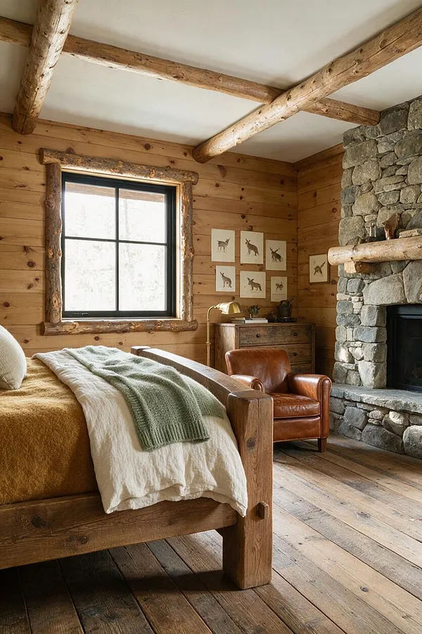 A rustic guest bedroom with wood-plank walls, exposed log ceiling beams, a thick stone fireplace, and a black-framed window. A simple wooden bed with layered neutral bedding sits beside a leather armchair, while framed animal sketches and warm wood floors add a cabin-like feel.