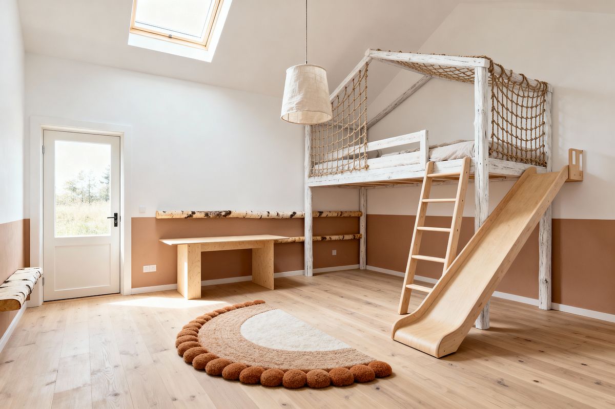 Room AI – Scandi Kids Loft with Slide and Rope Net - Interior Design