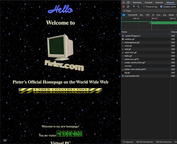 A retro webpage design for Pieter's official homepage, featuring a space-themed background and an under-construction banner.