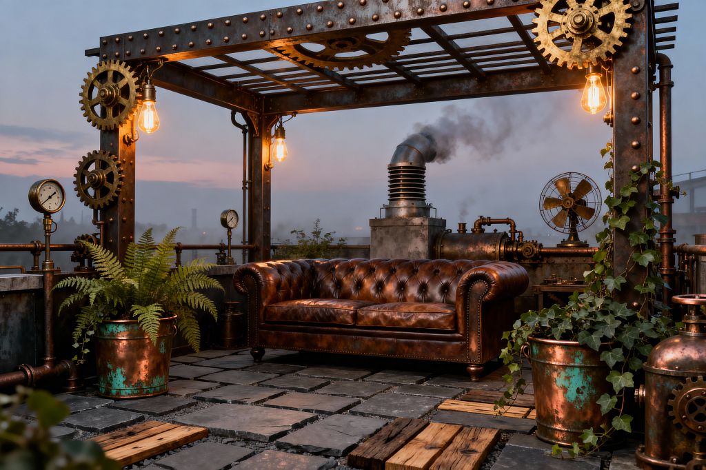 A rooftop patio at dusk features a riveted steel pergola decorated with oversized brass gears and two hanging Edison bulbs casting an amber glow. Centered beneath is a tufted brown leather Chesterfield sofa on charcoal slate pavers with scattered reclaimed wood planks; surrounding details include copper pipes, pressure gauges, a patinated copper planter with ferns, a trailing ivy planter, a vintage metal fan, and a small steam engine with a smoking stack.