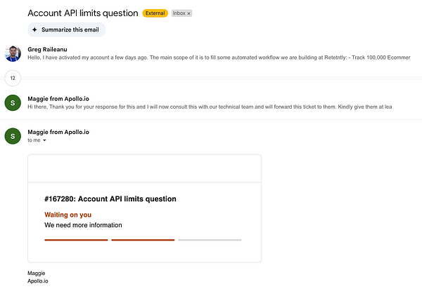 An email thread discussing an API limits question with Apollo.io support.