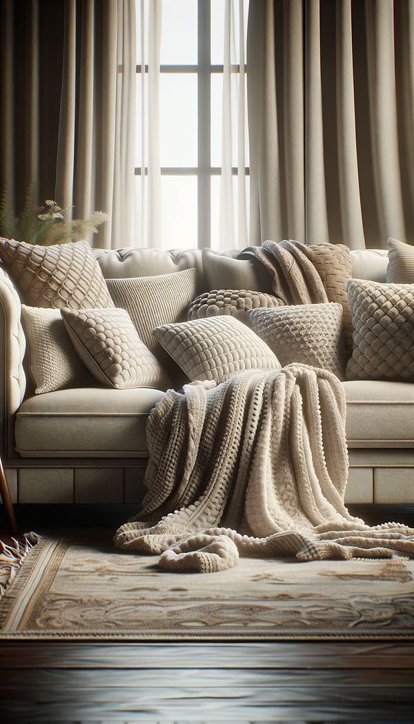 A cozy living room featuring a sofa upholstered in soft, plush chenille fabric, adorned with decorative pillows. A soft chenille throw blanket is draped over the arm of the sofa.