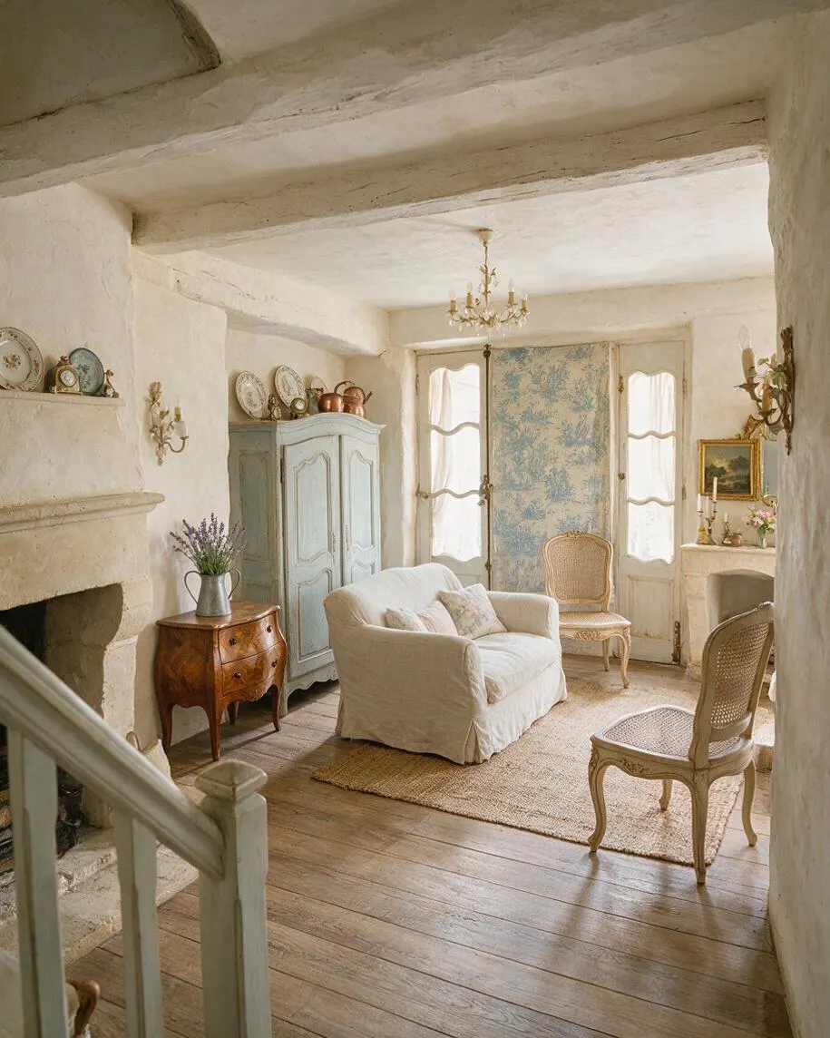 A cozy French Country basement sitting room with whitewashed plaster walls, exposed ceiling beams, and warm wood plank flooring. The space includes a slipcovered white sofa, cane-back chairs, a pale blue armoire, a stone fireplace, and soft cream and blue accents with natural light filtering through tall windows.