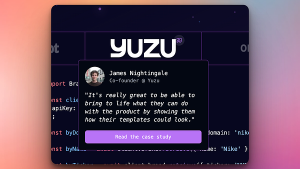 The image features a coding interface with a quote from James Nightingale, co-founder of Yuzu, highlighting the product's capabilities.
