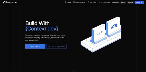 Webpage screenshot of the Context.dev documentation homepage featuring navigation and welcome content.