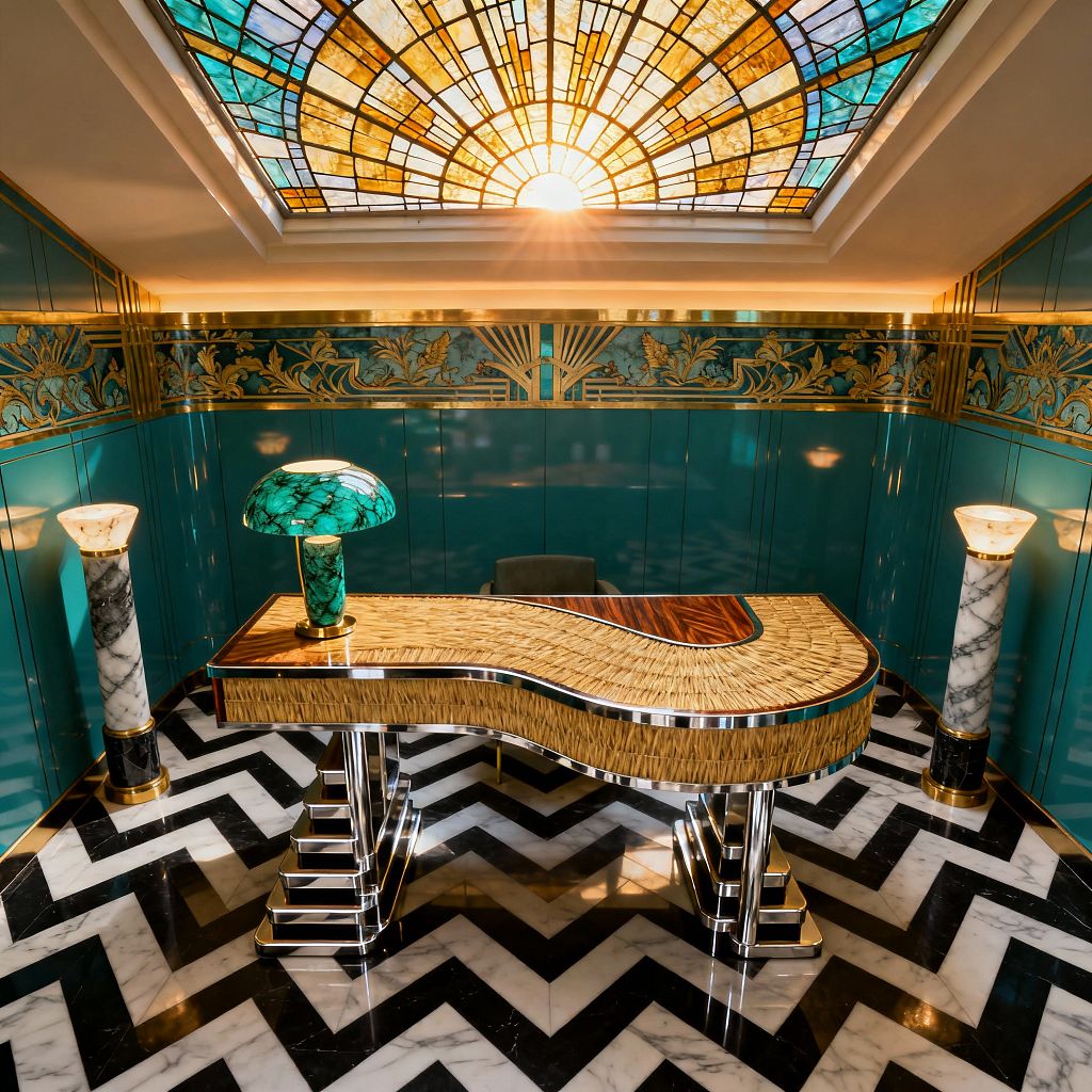 An Art Deco home office with teal lacquered wall panels and a gilded frieze encircling the room, centered beneath a stained-glass sunburst skylight. A curving desk with chrome stepped legs and a straw-marquetry top sits on a black-and-white chevron marble floor, flanked by marble torchieres; a green stained-glass desk lamp and brass trim add warm, glamorous accents.