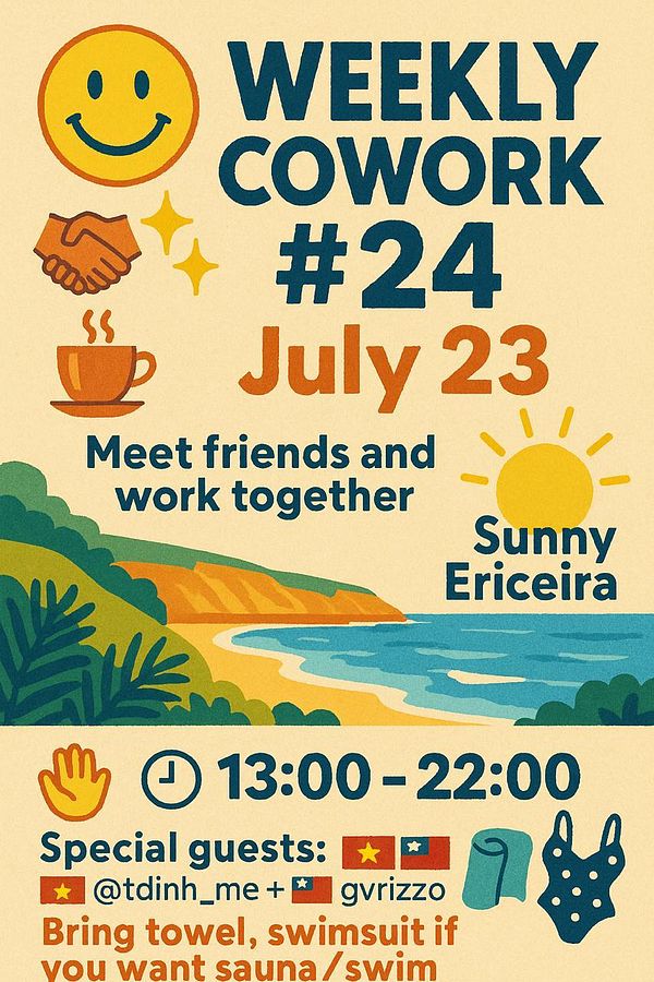 A colorful promotional poster for a weekly coworking event featuring special guests.