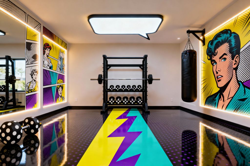 A brightly colored home gym styled like a comic book features full-height pop art panels with warm LED backlighting on both sides of a black steel power rack and dumbbell set. A wall-mounted black leather punching bag hangs to the right, while a glossy black epoxy floor shows purple dots and a turquoise and yellow stripe with a purple lightning bolt; a large speech-bubble ceiling light and a mirrored wall reflect the bold colors and equipment.