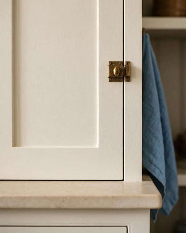 Close-up of a white painted cabinet door with a small brass latch and cream stone countertop. A blue towel hangs at the side, adding a soft coastal accent to the warm, neutral space.