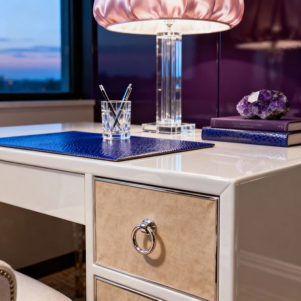 Close-up of a Hollywood Regency style home office desk at dusk. A glossy ivory-lacquer surface holds a clear lucite column lamp with a blush satin shade, a cobalt blue embossed leather desk mat, and a cut-crystal pen cup with two pens. Against a high-gloss plum wall, an amethyst cluster rests on navy books. The desk features a beige drawer front framed in chrome with a circular ring pull, and a window shows the fading evening sky.