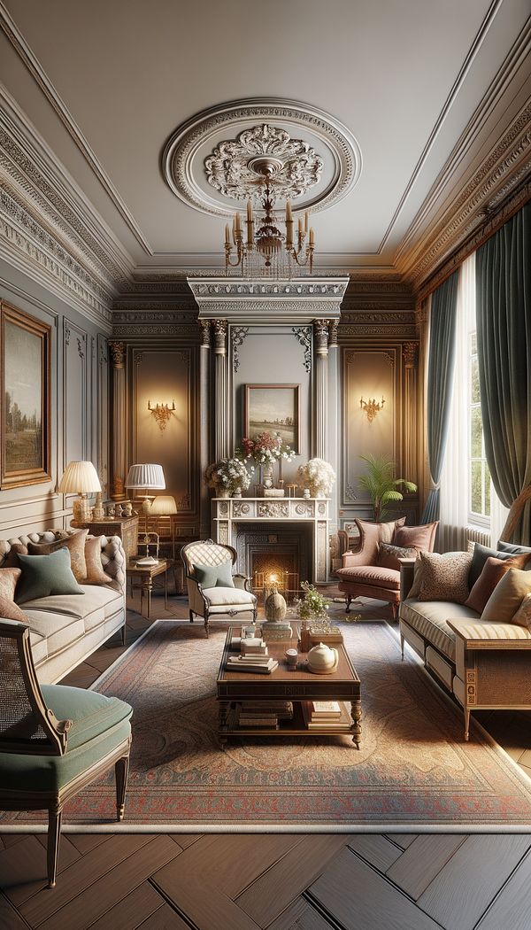 A cozy, elegantly furnished living room with a mix of antique and reproduction furniture, featuring classic architectural elements such as crown moldings, a decorative fireplace, and a rich, muted color palette accented by luxurious textiles.