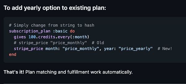 The image displays a code snippet for adding yearly subscription options to an existing plan.