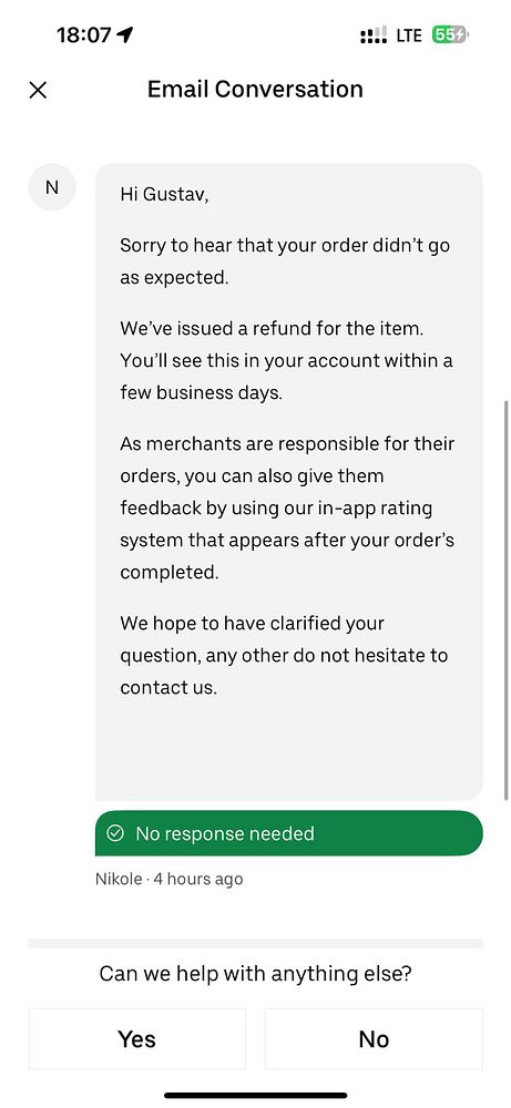 An email conversation regarding a refund for a flower order.